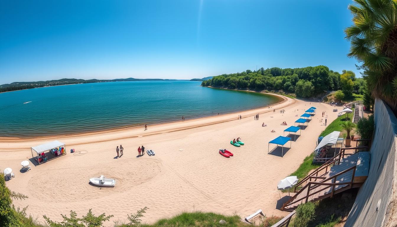 Panorama Zalewu Cieszanowice z widokiem na plażę i wypożyczalnie sprzętu wodnego