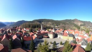 Panorama Zlatych Hor z widocznym rynkiem i okolicznymi górami - zlate hory atrakcje